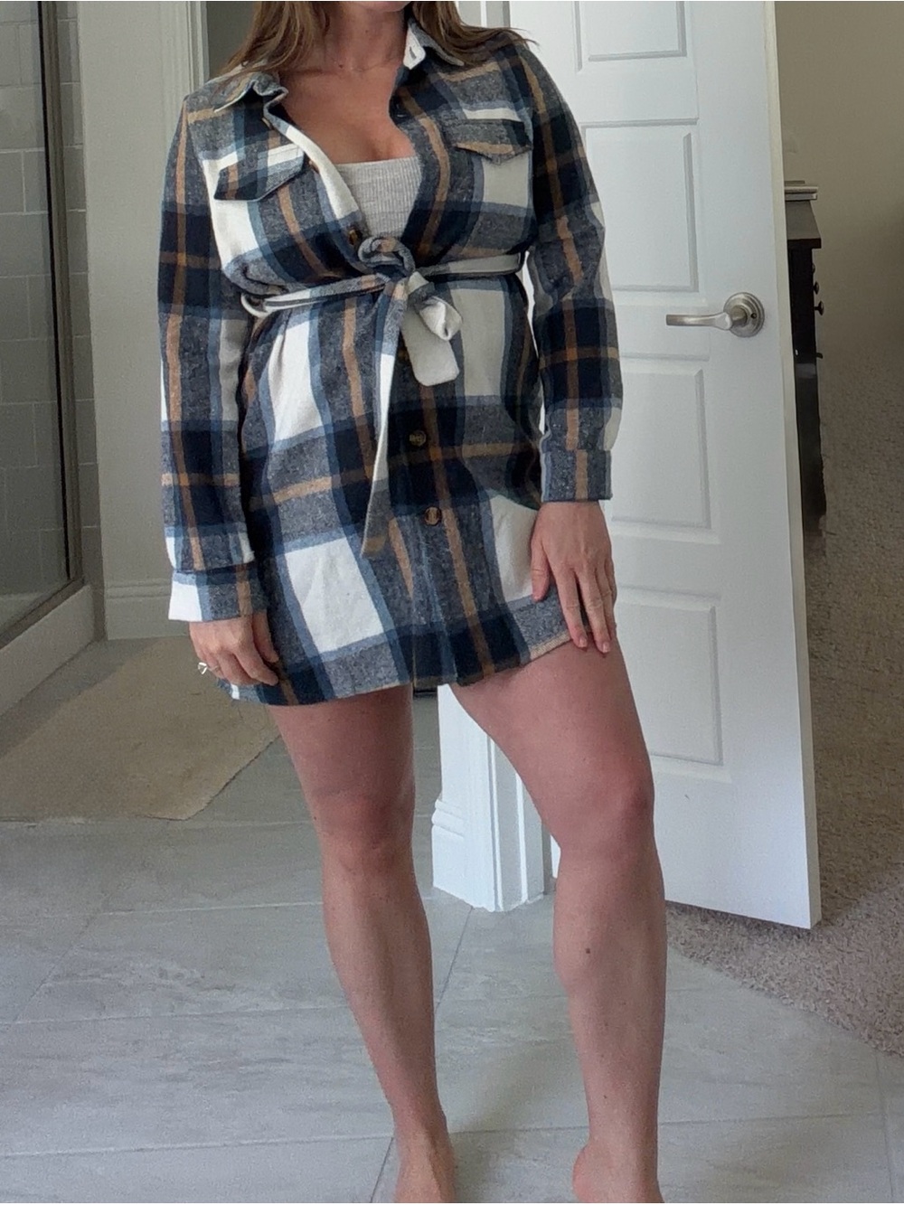SHEIN Navy, Cream & Brown Plaid Tie-Waist Shacket Dress